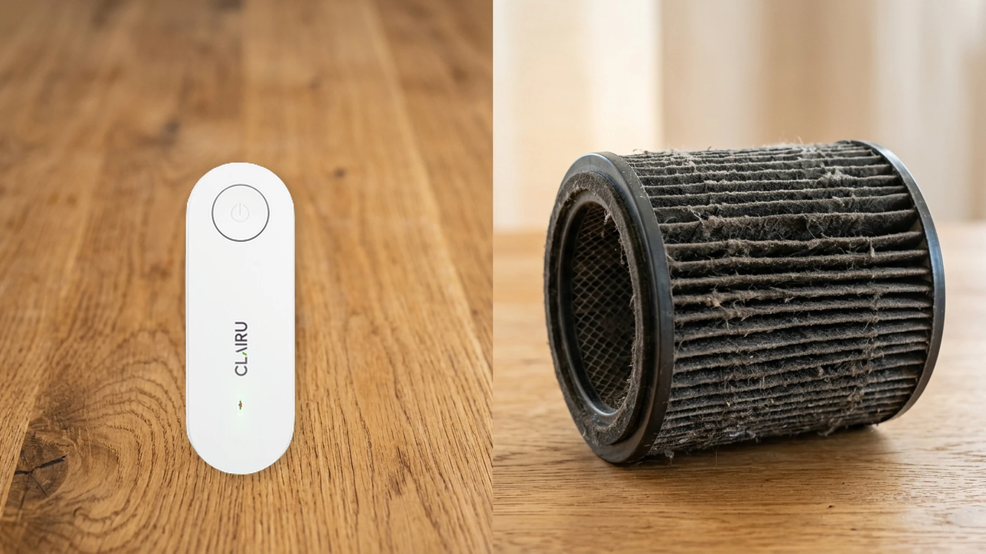 Side-by-side contrast between clean Clairu unit and dirty traditional physical filter