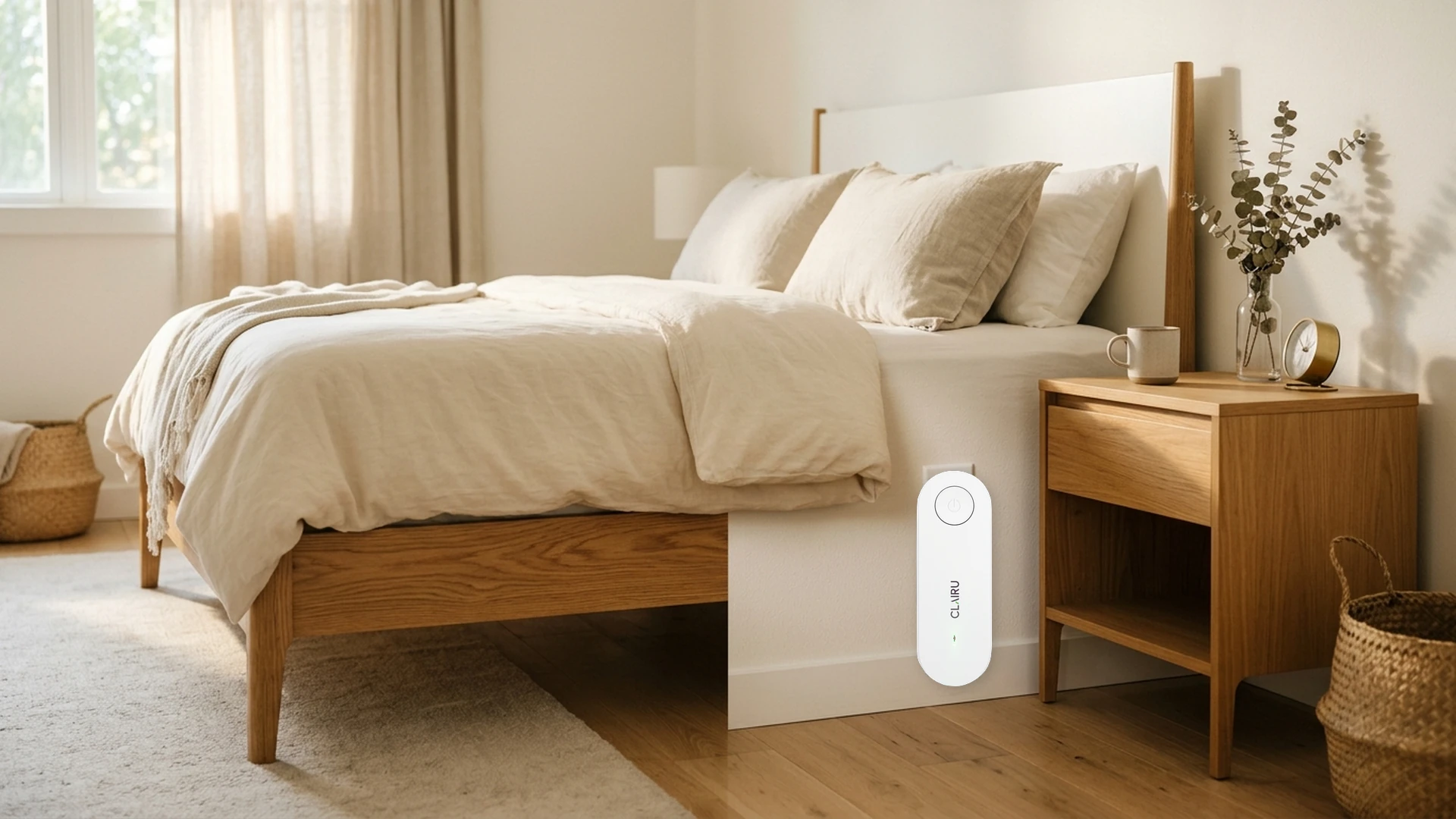 Clairu Air Purifier plugged flush into living room wall outlet