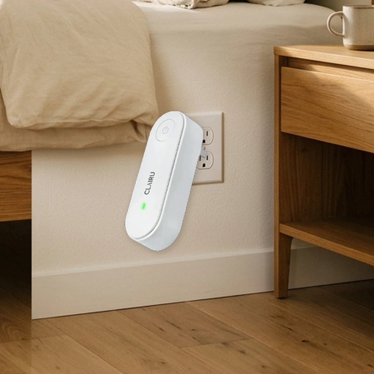 Clairu plug pins aligned with a standard wall outlet for direct setup