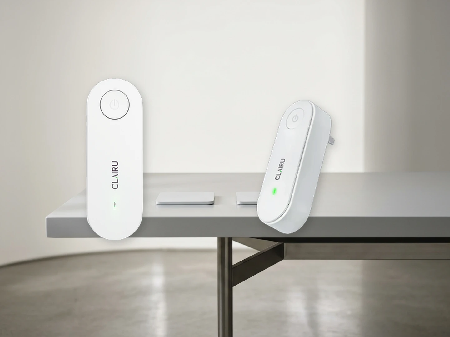 Clean studio product render showcasing Clairu compact plug-in form factor